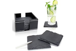 Amazy Posavasos de Pizarra Ø 10 cm (8 Unid.) Incl. Tiza – Posavasos Decorativos de Pizarra 100% Natural con práctico Estuche de Cuero– Idea Genial para Regalo