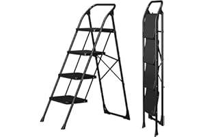 JOYYKO 4 Stufen Leiter, Trittleiter mit Handläufen,Klappleiter Tritthocker, Klapptritt Hocker für Erwachsene mit Griff, Haushaltsleiter Anti-Rutsch-stabilem und breitem Pedal. (Schwarz, 4 Stufen)