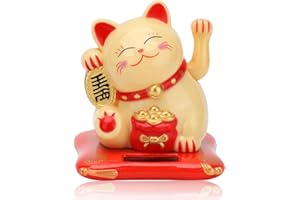 Cyrank Gatto della Fortuna a energia Solare, Braccio ondeggiante Gatto del Benvenuto Gatto della ricchezza Carino Piccolo Gatto Fortunato Feng Shui Decor per la Decorazione della casa(Giallo)