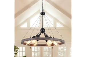 MRHYSWD Wagon Wheel Kronleuchter Deckenleuchte für Wohnzimmer, 6 Lichter Rustikale Industrielle Außen Kronleuchter Schwarz Pendelleuchte Fitting für Esszimmer Küche Flur Schlafzimmer Höhenverstellung