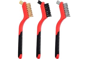 Rustark 3Pcs 7 Inches Wire Brushes Set with Brass, Nylon, Stainless Steel Bristle Brush Head and Curved Handle Grip for Removing Rust, Stains, Deep Cleaning