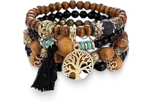 LICHUANUK Bransoletka boho z drewnianymi koralikami, bransoletka czakra dla kobiet, naturalne kryształowe kamienie lecznicze, bransoletka dla kobiet, drzewo życia, charms