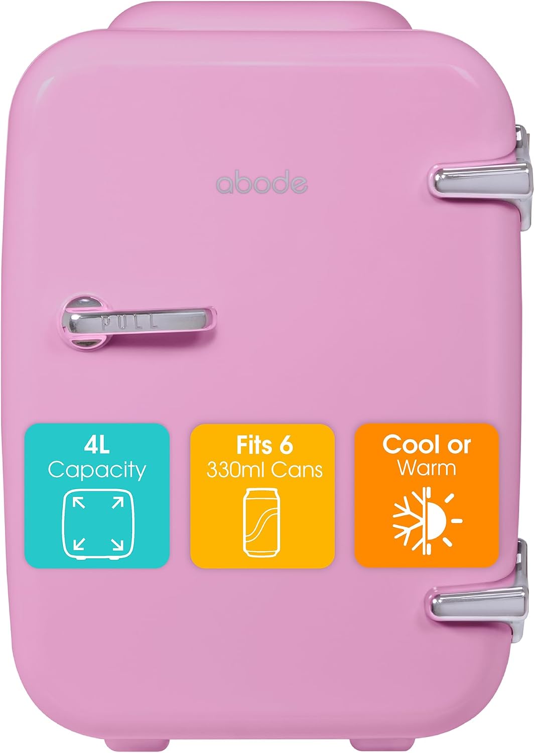Abode Pink Mini Fridge A4CLR201P 4L/6 Can Portable Thermoelectric Mini Cooler & Warmer for Drinks, Cosmetics/Makeup/Skincare, AC/DC Power, Retro Style, For Bedroom, Home, Caravan, Car