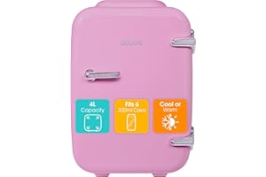 Abode Pink Mini Fridge A4CLR201P 4L/6 Can Portable Thermoelectric Mini Cooler & Warmer for Drinks, Cosmetics/Makeup/Skincare, AC/DC Power, Retro Style, For Bedroom, Home, Caravan, Car