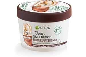 Garnier - Body Superfood - Crème Soin Corps Réparatrice - Hydratation 48H - Formule Vegan & à 97% d'Origine Naturelle - Au Beurre de Cacao & Céramide - Pour Peaux Sèches - 380 ml