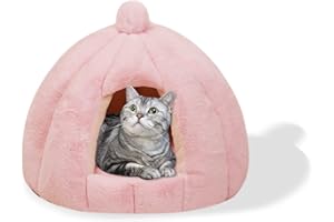 Galatée Cama Tipo Cueva para Gatos, Cama Cojín para Gatos con Fondo Antideslizante, Cama para Mascotas con Cojín Interior Lavable Extraíble, Iglú De Felpa Suave y Acogedor para Gatos(S, Rosado)