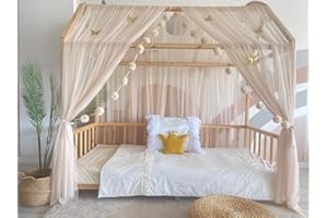 Baby Fancyroom Hausbett Himmel beige Betthimmel Deko Set Kinderzimmer für Kinderbett Baldachin Pompongirlande aus Premium Tüll für Hausbetten (Hausbetthimmel beige ohne Schmetterlinge, 340cm)