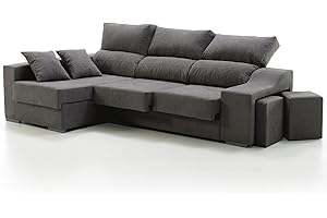 TANUK Sofá Chaise Longue Loki Izquierda 4 Plazas Gris Marengo Sistema de Limpieza ACUALINE Arcón 2 Puffs Asientos Extensibles Tejido Desenfundable