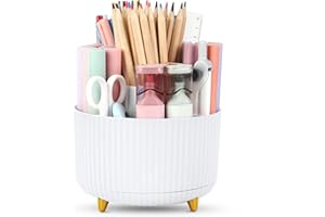 MOXYOY Desk Organisers Pen Holder 360° Rotating Makeup Organiser Stationary Desk Organisers with 5 Compartments Pen Pot for Home Office School Classroom, White