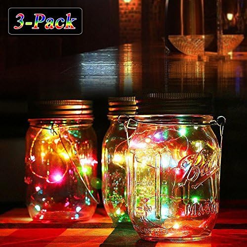 [Pack of 3] Garden Solar Light Mason Jar Solar Lantern with Lid, Color Changing Built-in LED String Light and Battery, Waterproof Outdoor Lantern for Garden Yard Hanging Light on Tree Window