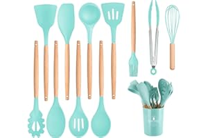 CCHONG Utensilios de Cocina de Silicona Utensilios Cocina de Silicona Antiadherente Juego de Utensilios Resistentes al Calor con Mango de Madera Accesorios Cocina (Verde)
