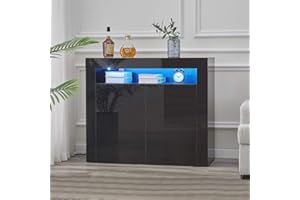 ‎OFCASA OFCASA Schwarz Hochglanz Sideboard Kommode 2 Türen Schrank mit LED Leuchten Sideboard 4 Fächern Wohnzimmer Schrank für Esszimmer Flur