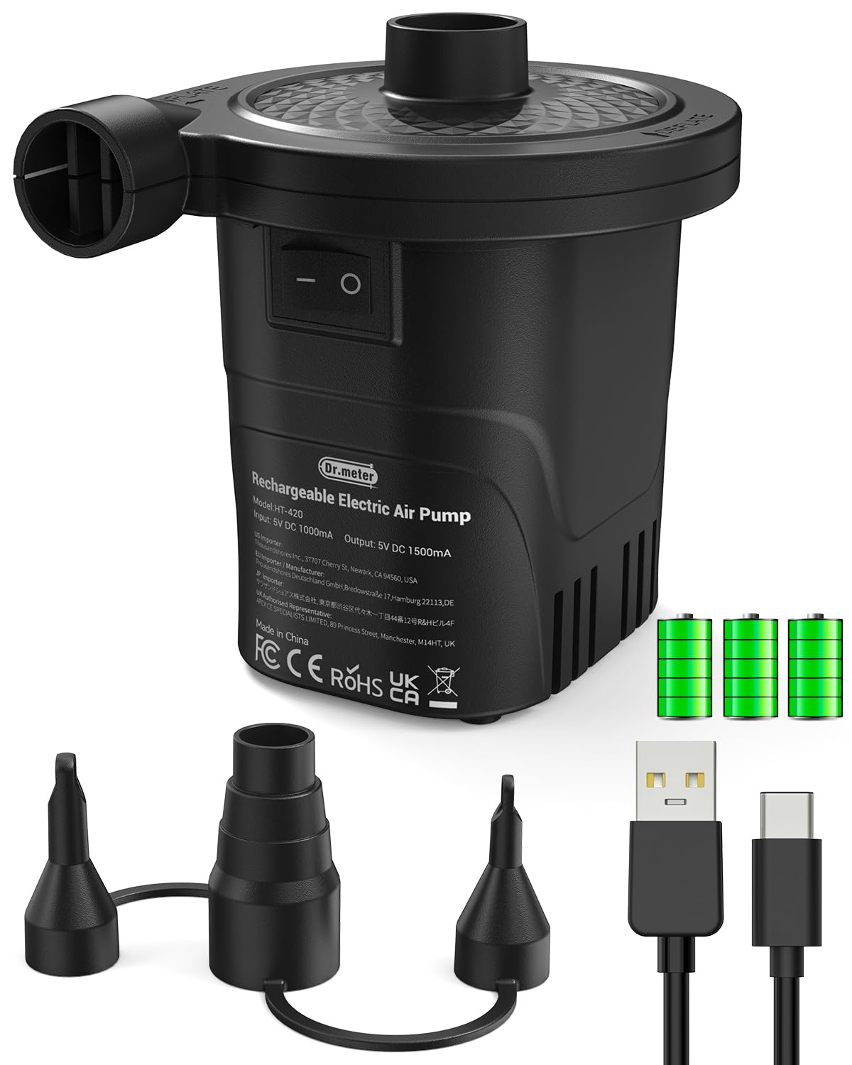 Dr.meter Pompa Elettrica, Ricaricabile Elettrica per Materasso Gonfiabile può essere rapida per Gonfiare e Sgonfiare, Adatto per Materasso Gonfiabile, Materassino Campeggio, Piscina Gonfiabile