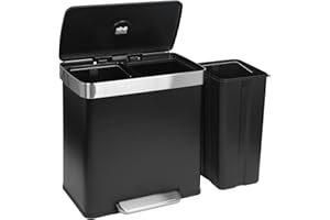 Harbour Housewares 60L Double Kitchen Pedal Bin – 2 x 30L Matte Black Stainless Steel Recycling Waste Bin with Soft Close Lids, Dual Compartments & Removable Inner Buckets for Home & Office