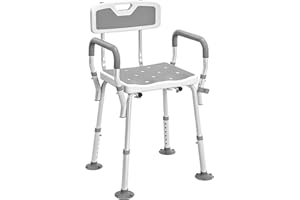 HOMCOM EVA Padded Shower Chair for the Elderly and Disabled, Height Adjustable Shower Stool with Back and Arms, 4 Suction Foot Pads, Light Grey