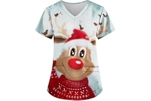 DHYUEN Pflege Kasack Damen Weihnachtszwerg Druck Gradient Weihnachten Krankenhaus Schlupfhemd Op-Kasack V-Ausschnitt Weihnachtsdruck Weihnachtsshirt Pflegebekleidung Mulit Taschen Schlupf-Kasack Bluse