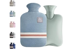 GCCL Small Hot Water Bottle with Knitted Cover, 1L Large Capacity Hot Water Bag with Removable and Washable Soft Cover for Pain Relief, Neck and Shoulders, Great Gift for Women, Men, Kids (1L-Blue+Green)