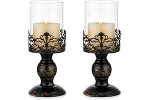Sziqiqi Vintage Distressed Black Hurricane Candle Holders 2pcs, Versatile Metallic Pedestal Glass Floral Centerpiece Base for Wedding Party Home Decoration Fireplace Mantel Decoration 27cm/10.6in