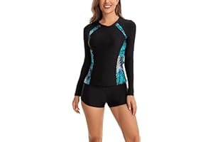 YOYOGINI Womens Two Piece Rash Guard Set Pullover Long Sleeve Swim Shirt with Boyshort Surfing Bathing Suit with Built in Bra