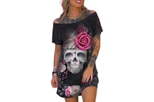 WEITING Robe européenne et américaine de Grande Taille, Jupe à Manches Courtes à imprimé tête de Mort à épaules inclinées à la Mode et Sexy pour Femme-Noir-L