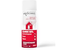 Vetocanis, Spray Insecticide Habitat, Efficacité Prouvée, Elimine 100% Puces, larves de Puces et Tiques, 250ml, Effet Immédiat, Dure jusqu'à 6 mois
