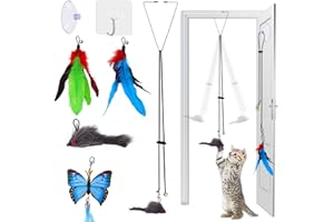 QIMMU Katzenspielzeug Selbstbeschäftigung Türrahmen,Hängendes Katzenspielzeug,Katzenspielzeug Interaktiv,Katzenspielzeug Maus,Einziehbar Interaktives Katzenspielzeug mit Federn