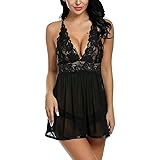 Voqeen Pigiama Babydoll Abito Pizzo Lingerie Hot Ricamo Seno Donna con Perizoma Trasparente Completo Intimo Prospettiva per L