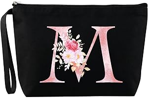 Blisswave Trousse de Toilette A-Z, Cadeaux Personnalisés pour Femmes, Fille, Maman et Amies, Noël, Anniversaires, Petite Trousse Maquillage Roses Élégante et Mignonne, Ornée de Vos Initiales (Noir)
