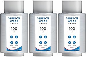 UK SUPPLIES LIMITED 3 Rolls Clear Mini Stretch Shrink Wrap 100mm x 150m x 17 Micron (All Pack Sizes) Strong & Multi Use Tear Resistant Easy to Use Pallet Stretch Wrap Water & Moisture Proof Cling Film