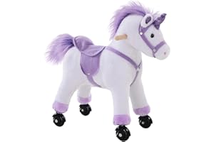 HOMCOM Reitpferd auf Rollen 60 cm Stehpferd mit Sattel, Sound Spielpferd zum Reiten Draufsitzen Schaukeltier Plüsch Pferd für Kinder ab 3 Jahre, Schaukelpferd Indoor Outdoor Lila