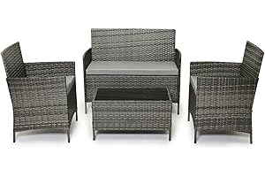 EVRE Grey Rattan Garden Furniture Set Patio Conservatory Balcony Indoor Outdoor 4 Seater Piece Glass Top Coffee Table Modular Sofa Loveseat with Cushions