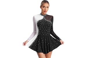 YiZYiF Womens Long Sleeve Gymnastic Ballet Dance Costume Shiny Rhinestone Figure Ice Skating Dress