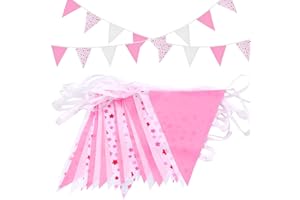 Topeedy Pink White Bunting Banner With Stars, 65.6 Feet 52pcs Triangle Flags for Indoor Outdoor Birthday Wedding Engagement Pink Party Decoration for Girls