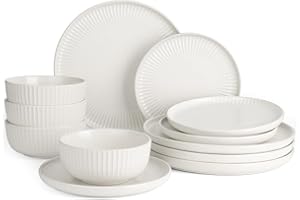 Richmount Starlight Dinner Set for 4, 12 Pieces Reactive Glaze Plates and Bowls Sets, Embossed Stoneware Dinner Sets, Scratch Resistant Dinnerware Set, Dishwasher & Microwave Safe, MatteWhite
