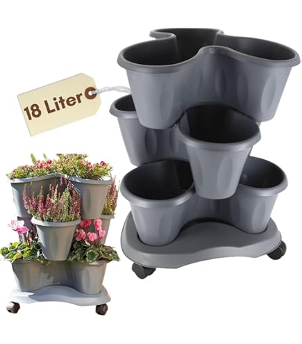 Torre Per Piante MamboCat Geranium – Impilabile 3 Vasi + Sottovaso Con Ruote, Grigio 51cm - 2