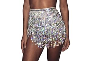 Bufenia Damen Bauchtanz Hüftrock Quaste Pailletten Hüftschal Riemchen Wrap Rave Röcke Halloween Kostüm Club Festival (Silber)