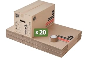 Pack And Move - Lot 20 Cartons Déménagement Premium - 60 X 30 X 30 Cm - Extrême Résistance 30 KG - Réutilisables - Double Épaisseur - Poignées Renforcées - 1 Adhésif