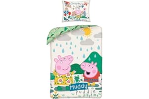 Halantex Set Letto PEPPA e GEORGE giocano nella pozzanghera Originale Copripiumino reversibile 140x200cm + federa per cuscino 70x90cm - 100% Cotone - Multicolore - Con Sacca