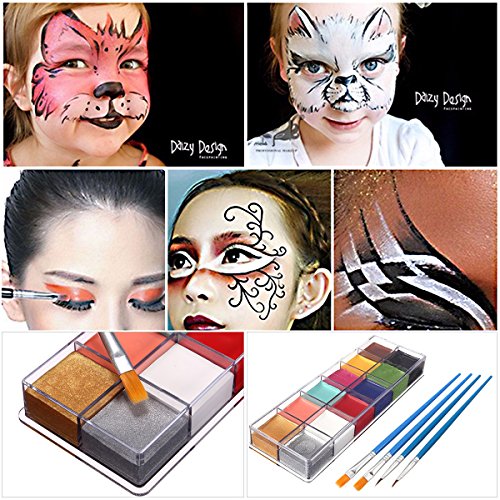 Pinturas Corporales y Cara, LuckyFine Body Paint, Maquillaje Halloween Carnaval Set, 12 Colores + 4 Cepillos
