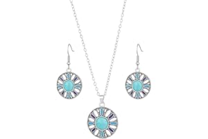 Helena Rose Jewellery Blue Turquoise Howlite Ladies Jewellery Set - Hippie Boho Vintage Style - Matching Necklace and Dangle Earrings - Antique Silver-Toned - plus Gift Box