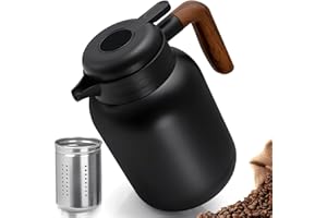 VETIN Thermoskanne 1,5L, Kaffeekanne aus Doppelwandige 316 Edelstahl, Teekanne Thermo mit Abnehmbarem Teesieb, Isolierkanne mit Holzgriff, 12h Hitze/18h Kält (Ohne Temperaturanzeige)