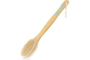Hience Back Scrubber for Shower, Long Bamboo Handle Bath Body Brush Back Exfoliator, Double-sided Brush Head with Soft and Stiff Bristles for Wet or Dry Brushing, Cellulite and Lymphatic Drainage