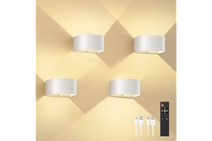 FULEN 4 Piezas Lámparas de Pared con Sensor de Movimiento y Control Remoto, 3 Colores, Lámparas de Pared LED Inalámbricas para Interiores, Batería Recargable de 5000mAh, Brillo Ajustable, Blanco