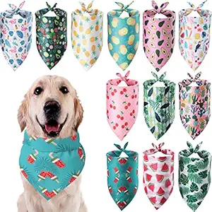 12 Pieces Dog Bandana Scarf Washable Triangular Bibs Pet Summer Flamingo Fruit Print Adjustable Washable Kerchief Hawaii Dog Bandana for Small and Large Dogs (Summer Patterns)