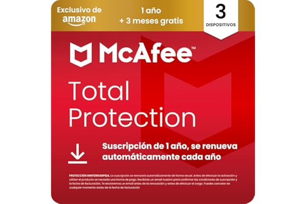 McAfee Total Protection para 3 Dispositivos 2026, 15 meses, Exclusivos de Amazon | Antivirus, VPN, software de seguridad | Suscripción con renovación automática | Descargar