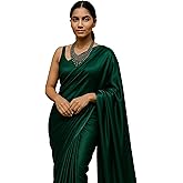 BIGJANE Women's Japan Satin Silk Plain Saree with Unstitched Blouse Piece, 5.5 Meters
