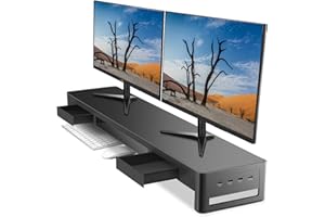 Podwójny stojak na monitory Meatanty z 2 szufladami i 4 portami USB, metalowy stojak na 2 monitory, obsługuje transfer danych i ładowanie, organizer na biurko dla PC, iMac (98,3 cm)