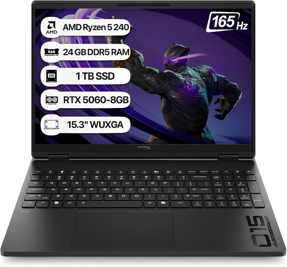 HP HyperX OMEN 15 D2QW3EA AMD Ryzen 5 240 24GB 1TB SSD RTX5060-8GB Freedos 15.3" WUXGA 165Hz Taşınabilir Bilgisayar