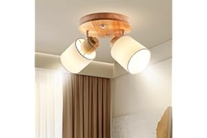 Doughelec Lámpara de Techo 2 Focos Orientable Redonda, Madera Plafones de Techo E14 Plafón Foco de techo Retro Aplique Pared Interior Giratorios Para Cocina Pasillos Salón Dormitorios, Sin Bombilla