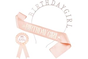 Bisienya 3PCS Birthday Sash Set, Birthday Girl Badge, Headband, Pink Satin, Rhinestone, Perfect for Celebrations (Rose Gold)
